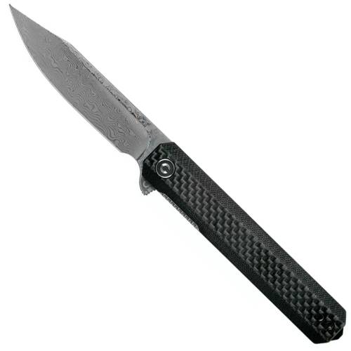 Chronic Damascus Flipper Knife Carbon Fiber Overlay On G10 Handle