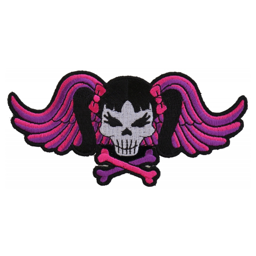 Pigtails Bow Skull and Wings Small Pink Patch