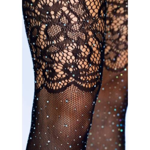 Rhinestone Fishnet Design Stockings w/ Jacquard Lace Top 