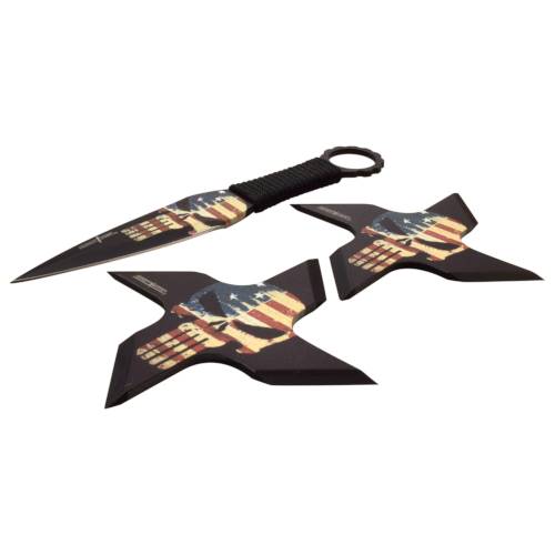 Throwing Knife & 2 Throwing Stars American Skull Set