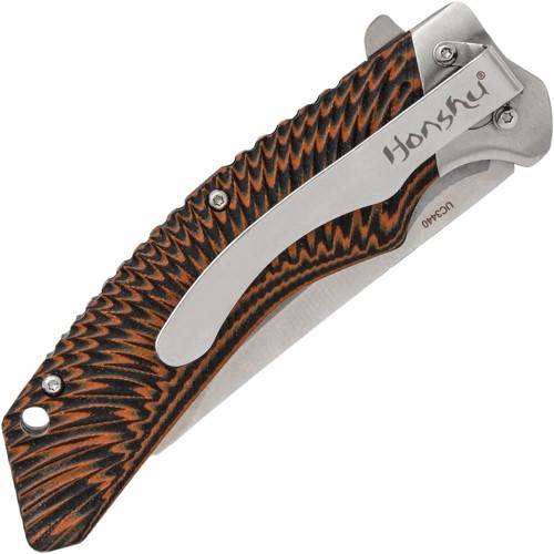 Honshu Sekyuriti Folding Knife: Black/Orange. Precision engineering. Available at Gorillasurplus.com.